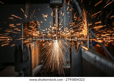 Precision CNC laser cutting of sheet metal with bright sparks in a modern factory, showcasing automated manufacturing technology and industrial production.