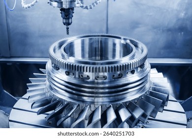 Precision engineering, cnc milling machine in action with metal component.