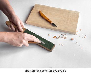 Precision knife sharpening and woodworking craftsmanship scene - Powered by Shutterstock