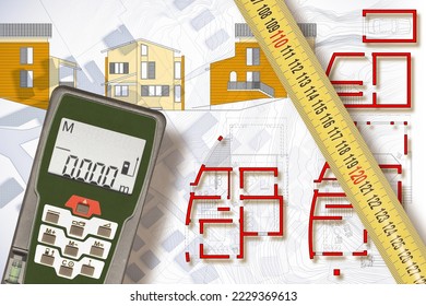Precision measurement and survey of a residential building - concept with laser measure device against an imaginary floor plans and elevations project of a new residential building