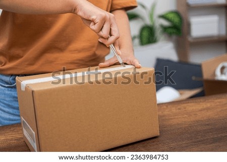 Precision unboxing: A young woman employs a utility knife to open a mock-up package, revealing the contents of an online shopping cardboard box. 