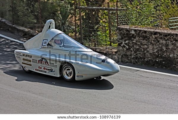 PREDAPIO ALTA, ITALY - JULY 28: A soap box car\
race at european championship speed down on July 28, 2012 in\
Predappio Alta, FC,\
Italy.