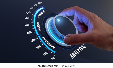 Predictive analytics implementation with hand turning knob from insight to foresight. Systemic data analysis and statistics for decision making, business operations, marketing strategy, performance.