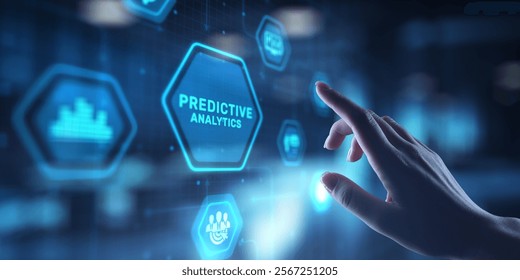 Predictive Analytics Leveraging Data for Future Insights, projection on a virtual screen, Business and Technology Concept.