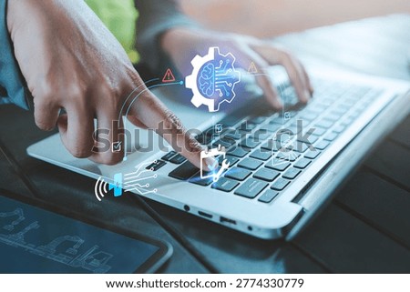 Predictive maintenance artificial intelligence concept hands typing laptop with AI brain gear hologram for data analysis scheduling, Asset management Planning System optimization