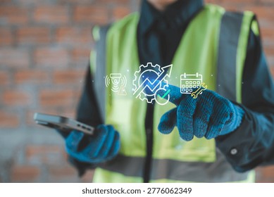 Predictive maintenance performance tracking scheduling concept industrial worker using smartphone touching holographic interface gear calendar wrench icons smart factory condition monitoring IoT