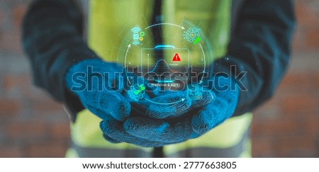 Predictive maintenance workflow prediction alert artificial intelligence concept industrial worker hands holding holographic chart graph data analysis smart factory condition monitoring IoT