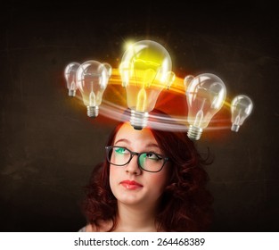 Preety woman with light bulbs circleing around her head  - Shutterstock ID 264468389