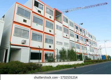 Prefabricated Modular Offices. Stacking Of Boxes For Construction Site.