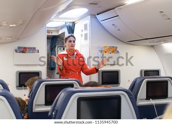 Pre-flight briefing\
flight attendant Aeroflot Russia. 07.07.2018. Russia.\
Saint-Petersburg. Pulkovo\
Airport.