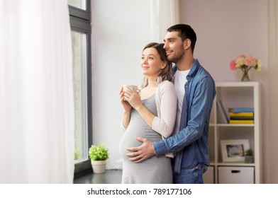 pregnancy and people concept - happy man hugging his pregnant wife standing at window at home