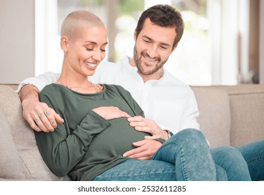 Pregnancy, relax and couple with love, care and bonding together with happiness in lounge. Tummy, pregnant woman and man with smile, house and wellness with maternity, relationship and stomach - Powered by Shutterstock