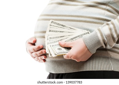 Pregnancy And Surrogacy Concept - Pregnant Woman Hand Holding Dollar Currency Cash