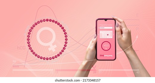 Pregnancy tracker mobile app on smartphone screen in hands of woman, graphic representation of pregnancy calendar on pink background. Modern technologies for women's health, prenatal care - Powered by Shutterstock