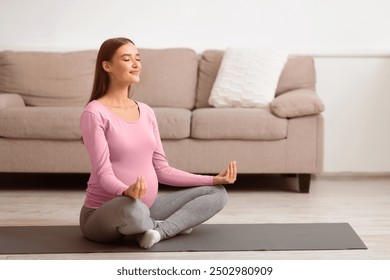 Pregnancy Yoga. Beautiful pregnant woman relaxing, breathing on the floor at home, free space - Powered by Shutterstock