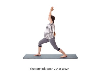 Pregnancy yoga exercise - pregnant woman doing asana virabhadrasana 1 - warrior pose isolated on white background