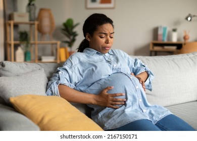 Pregnant African American Woman Suffering From Pain Having Spasm During Painful Contractions Touching Belly Sitting On Couch At Home. Childbirth And Healthcare Concept