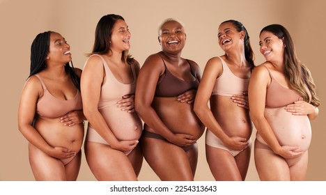 Pregnant body, portrait or laughing friends on studio background in diversity empowerment, baby support and community. Smile, happy or pregnancy women in underwear with stomach in funny or comic joke - Powered by Shutterstock