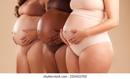 Pregnant body, women or holding stomach in support line, solidarity row or community diversity on studio background. Pregnancy, friends or mothers in underwear for tummy growth or healthcare wellness - Powered by Shutterstock