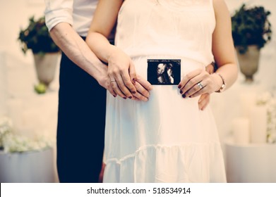 Pregnant Couple With Photo Of Kid, White, Baby On Board Photo Session, Abstract, Vintage