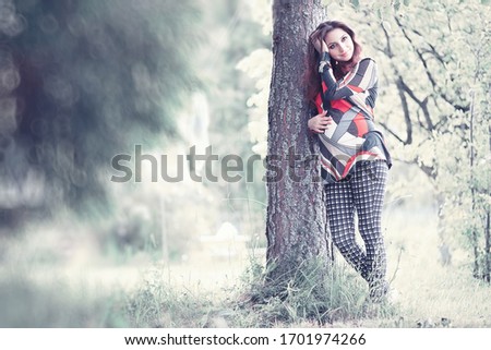 Similar – Image, Stock Photo Blonde girl with hat and hands in the head enjoying relaxed the nature in forest.