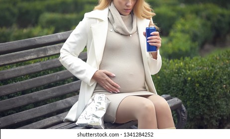 Pregnant Lady Drinking Soda In Park, Unhealthy Nutrition, Indifference To Child