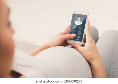 Pregnant lady using online medical service on mobile phone while staying home, calling or chatting with her doctor, register appointment on Internet, over shoulder shot, copy space, collage