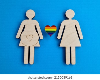 Pregnant lesbian and lesbian family artificial insemination. LGBT community and surrogate motherhood