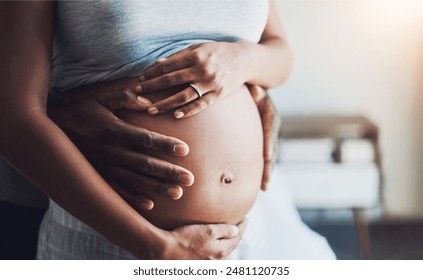 Pregnant, love and couple hands on stomach in house for support, security and safety, nurture and protection. Future, family and people hug at home with tummy growth touching, gratitude and bonding