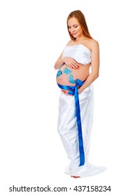 Pregnant pretty happy smiling young woman  Isolated white background  Full    length 