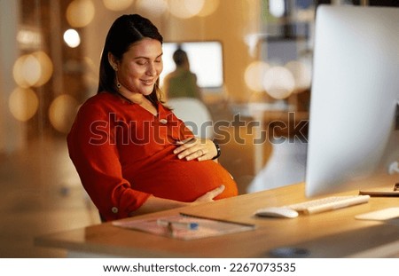 Pregnant, stomach and business woman in office with happy, love and excited for future baby at desk. Maternity leave, pregnancy and female worker working late at night with happiness, hope and relax