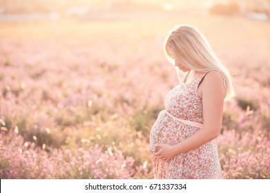 Pregnant woman 24-29 year old holding belly wearing dress with floral pattern in lavender field. Posing outdoors. Motherhood. Maternity. 