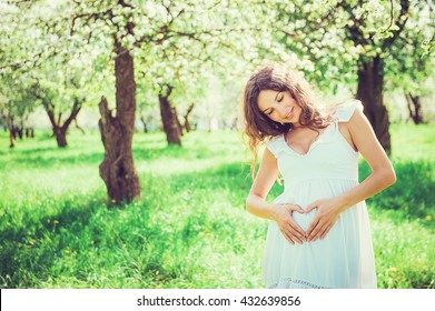 Pregnant Woman In The Apple Orchard Is Holding Tummy In Heart Form