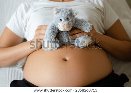 Pregnant woman belly with a stuffed animal. Concept of waiting during pregnancy and tenderness.  Isolated background for copy space
