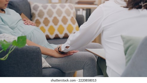 Pregnant Woman, Consulting And Nurse On Sofa In Medical Health Center. Young Female, New Mother Support And Surgery Healthcare Insurance Worker Communication With Patient Or Pregnancy Treatment Care