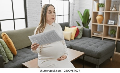 A pregnant woman in a cozy living room reads papers, poised and contemplative, reflecting everyday life. - Powered by Shutterstock