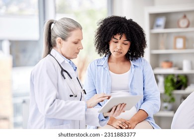Pregnant woman, doctor and tablet for healthcare results, gynecology service and serious news, exam or progress. Medical, gynecologist or people for pregnancy, digital technology and growth check - Powered by Shutterstock