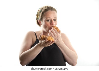 Pregnant Woman Eating Fast Food, Croissant, Too Much Isolated On White Background