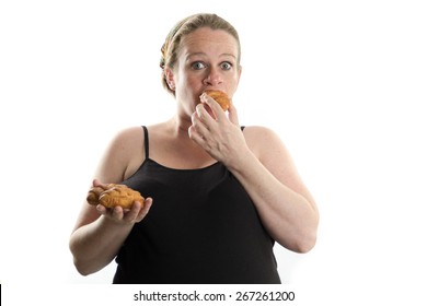 Pregnant Woman Eating Fast Food, Croissant, Too Much Isolated On White Background