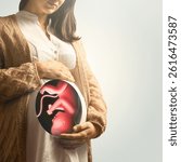 A pregnant woman with an embryo in her womb tenderly cradles her belly with her hands.