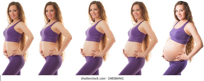 Pregnant woman fitness at different stages of pregnancy isolated  on white background