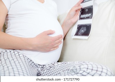 Pregnant Woman Hands Holding Ultrasound Photo