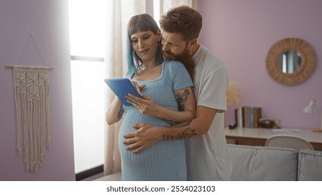 Pregnant woman with her partner standing in a cozy living room, using a tablet together, radiating love and anticipation for their baby - Powered by Shutterstock