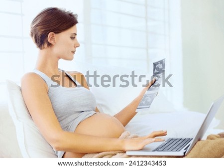 Pregnant woman, laptop and ultrasound image in home with relax wellness and excited on prenatal care in bedroom. Person, love or sonogram photo with technology on bed, fetus growth or development