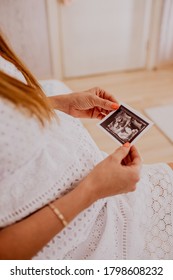 Pregnant Woman Looking At Her Baby Twins Sonography. Happy Expectant Mother Enjoying First Photo Of Her Kids, Face Is Unrecognizable