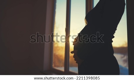 pregnant woman. motherhood a pregnancy light concept. 40 year old pregnant woman stands in a dress by the window holding her stomach silhouette. silhouette of a girl in at sunset by the window