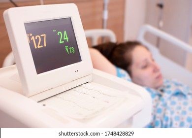Pregnant woman in newborn hospital checking fetal heart beat by fetal monitoring with Non stress test (NST). Mother giving birth to a baby. Belly of pregnant women during CTG scanning. Diagnostic.