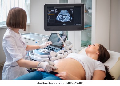 Pregnant woman on utltrasonographic examination at hospital - Shutterstock ID 1485769484