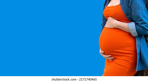 Pregnant Woman In Orange Dress And Jeans Shirt Hold Her Big Tummy With Hands On Blue Background. Template And Copy Space Banner For Pregnancy, Maternity, Motherhood And Prenatal Care.