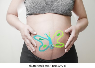 Pregnant woman and painted Multicolored butterflies her stomach Use computer graphics techniques  like coloring posters Concept freedom 